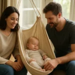 Rodina s bábätkom v hojdačke Adamo počas relaxácie doma.