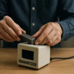 Osoba používa demagnetizér na odstránenie magnetizmu z objektu.