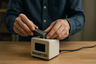 Osoba používa demagnetizér na odstránenie magnetizmu z objektu.