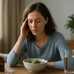 Žena sedi pri stole, zamyslená nad zdravou stravou s jedlom a vodou.