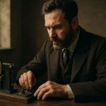 Muž pri práci s telegrafom, symbol revolúcie v komunikácii.