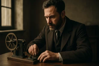 Muž pri práci s telegrafom, symbol revolúcie v komunikácii.