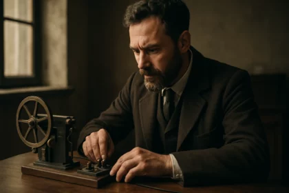 Muž pri práci s telegrafom, symbol revolúcie v komunikácii.