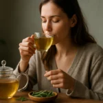 Žena vychutnáva šalviový čaj z transparentného pohára.