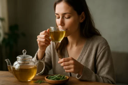 Žena vychutnáva šalviový čaj z transparentného pohára.