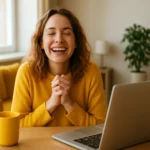 Žena v žltom svetri s úsmevom pri laptopu a šálke