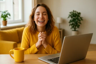 Žena v žltom svetri s úsmevom pri laptopu a šálke