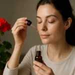 Žena aplikuje esenciálny olej geraniolu na pleť