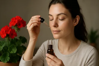 Žena aplikuje esenciálny olej geraniolu na pleť
