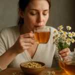 Žena degustujúca harmančekový čaj s kvetmi rumančeka.