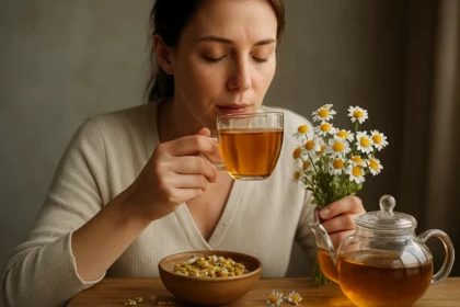 Žena degustujúca harmančekový čaj s kvetmi rumančeka.
