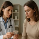 Lekárka konzultuje noretisterón so ženou v ordinácii.