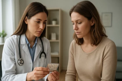 Lekárka konzultuje noretisterón so ženou v ordinácii.