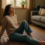 Žena užívajúca si teplo z podlahového kúrenia v obývacej izbe