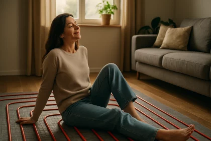 Žena užívajúca si teplo z podlahového kúrenia v obývacej izbe