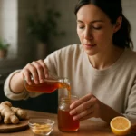 Žena nalieva zázvorový sirup do pohára v kuchyni.