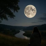 Žena sedí pri rieke a pozoruje Mesiac na nočnej oblohe