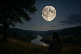 Žena sedí pri rieke a pozoruje Mesiac na nočnej oblohe