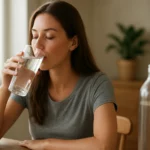 Mladá žena pije vodu z pohára, zameraná na hydráciu.