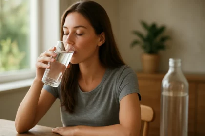 Mladá žena pije vodu z pohára, zameraná na hydráciu.