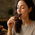 Žena si vychutnáva čokoládu s vysokým obsahom kakaa