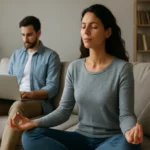 Žena meditujúca na pohovke s mužom pracujúcim na laptope