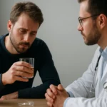 Muž s alkoholom konzultuje svoje zdravie so zdravotníkom.