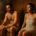 Dvojica relaxujúcich ľudí v saune s parou