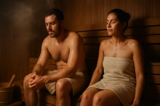 Dvojica relaxujúcich ľudí v saune s parou