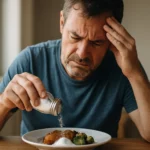 Muž s obavami posypáva jedlo soľou, znepokojený nadmernou konzumáciou.