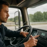 Šofér v nákladnom aute nastavuje digitálny tachograf na ceste.