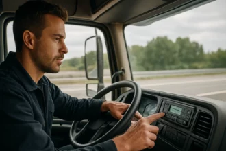 Šofér v nákladnom aute nastavuje digitálny tachograf na ceste.