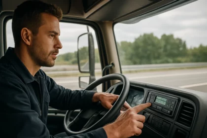 Šofér v nákladnom aute nastavuje digitálny tachograf na ceste.