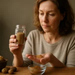 Žena s práškom triphala, príprava na jeho konzumáciu.