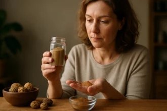 Žena s práškom triphala, príprava na jeho konzumáciu.