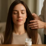 Žena s dlhými vlasmi, ktorú ošetrujú, s krémom na vlasy na stole.