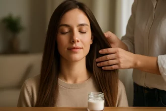 Žena s dlhými vlasmi, ktorú ošetrujú, s krémom na vlasy na stole.