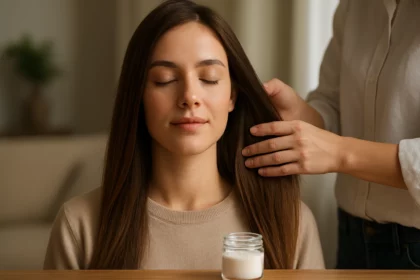 Žena s dlhými vlasmi, ktorú ošetrujú, s krémom na vlasy na stole.