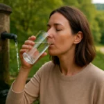 Žena pije liečivú vodu z prírodného prameňa v Bükkszéku.