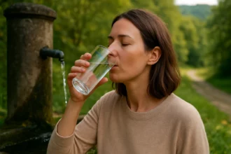 Žena pije liečivú vodu z prírodného prameňa v Bükkszéku.