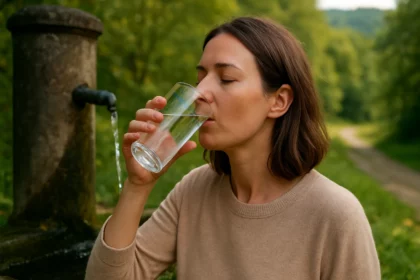 Žena pije liečivú vodu z prírodného prameňa v Bükkszéku.