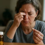 Žena so svalovými bolesťami drží liek na zníženie cholesterolu