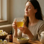 Žena vychutnávajúca harmančekový čaj s prírodnými liečebnými prostriedkami.