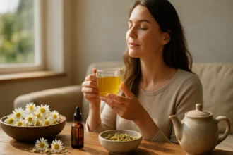 Žena vychutnávajúca harmančekový čaj s prírodnými liečebnými prostriedkami.