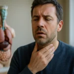 Muž sa dotýka hrdla s modelom dýchacieho systému v pozadí