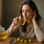 Žena vychutnávajúca si teplý podbeľový čaj na posilnenie zdravia.