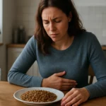 Mladá žena za stolom s tanierom strukovín a bolestivým výrazom.