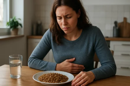 Mladá žena za stolom s tanierom strukovín a bolestivým výrazom.