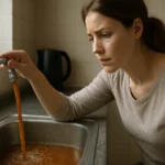 Žena skúma hrdzavú vodu z vodovodného kohútika v kuchyni.