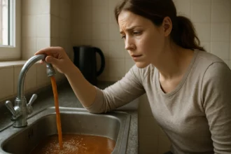 Žena skúma hrdzavú vodu z vodovodného kohútika v kuchyni.